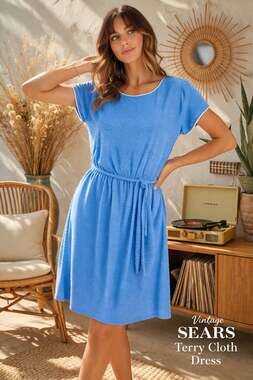 Vintage Sears Terry Cloth Dress Blue | 70s Beach Dress | Retro Belted Sundress |